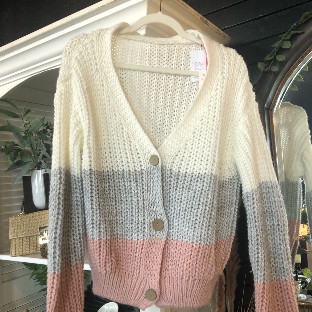 Dylan Cream, Gray, and Pink Button-Up Cardigan